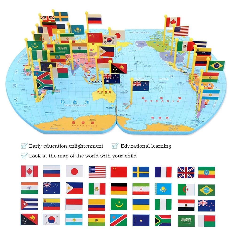 Wooden World Map Knowledge Of The  National Flags Board