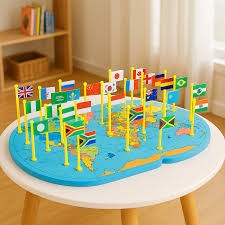 Wooden World Map Knowledge Of The  National Flags Board